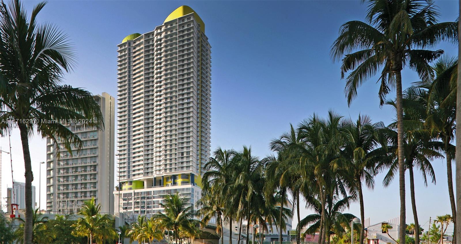 a view of a tall building with a palm tree