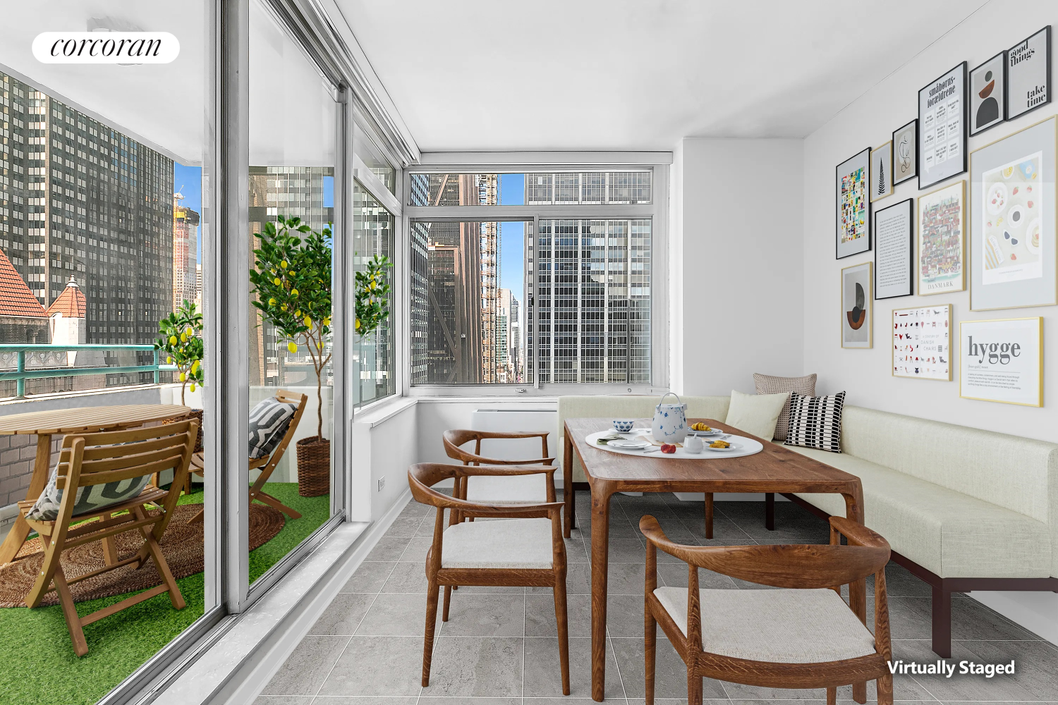 a dining room with furniture and a floor to ceiling window