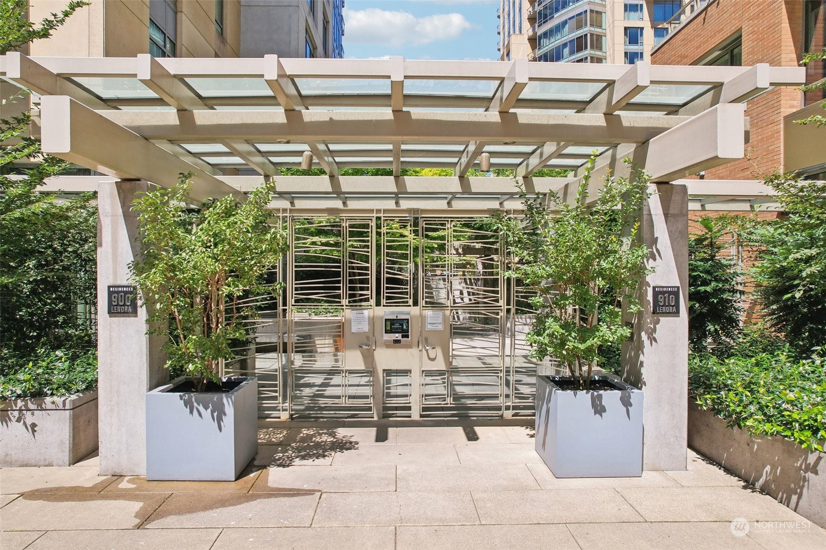 a view of a building with sitting area