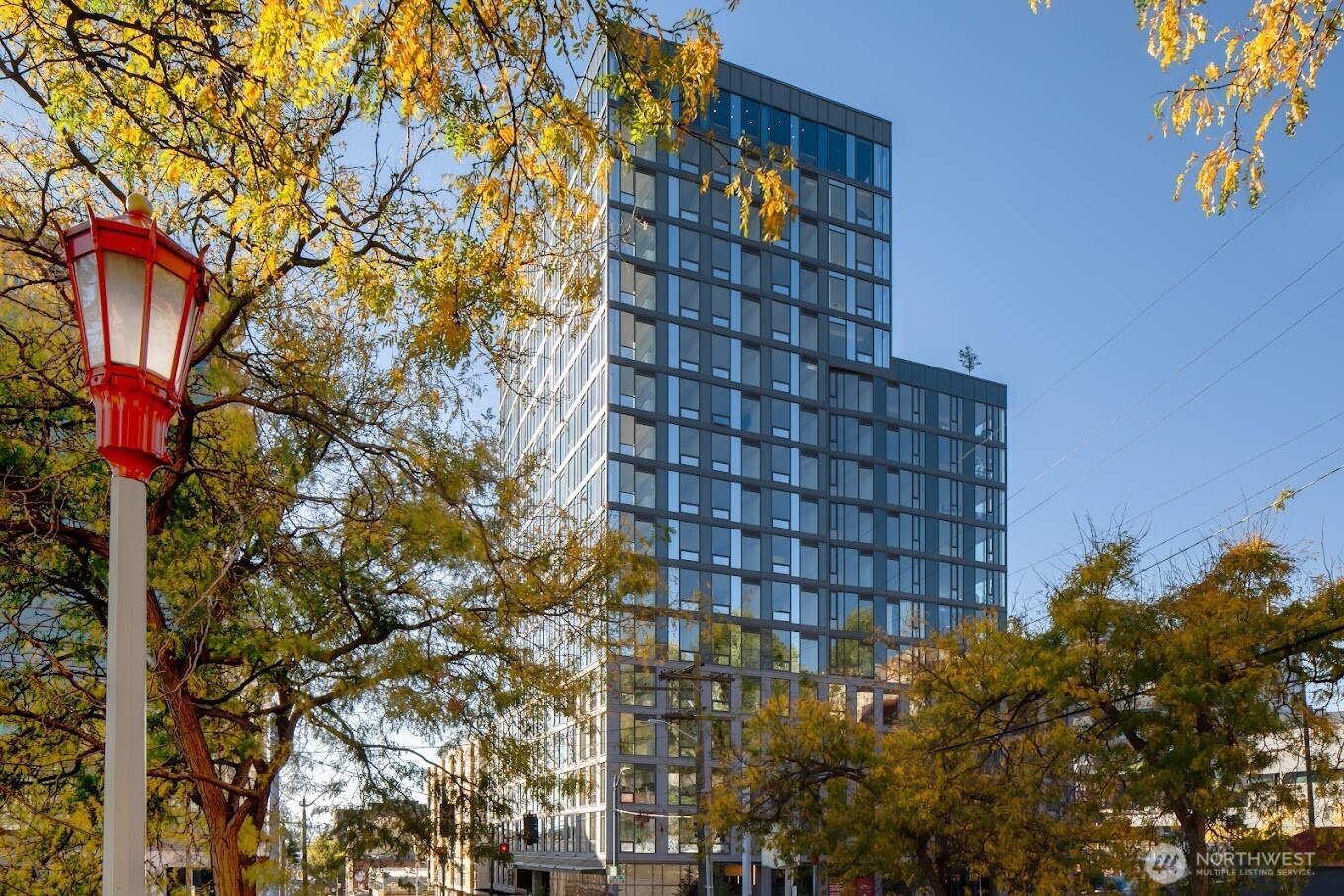 a building view with a tree