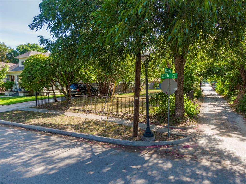 a view of a yard with plants and trees