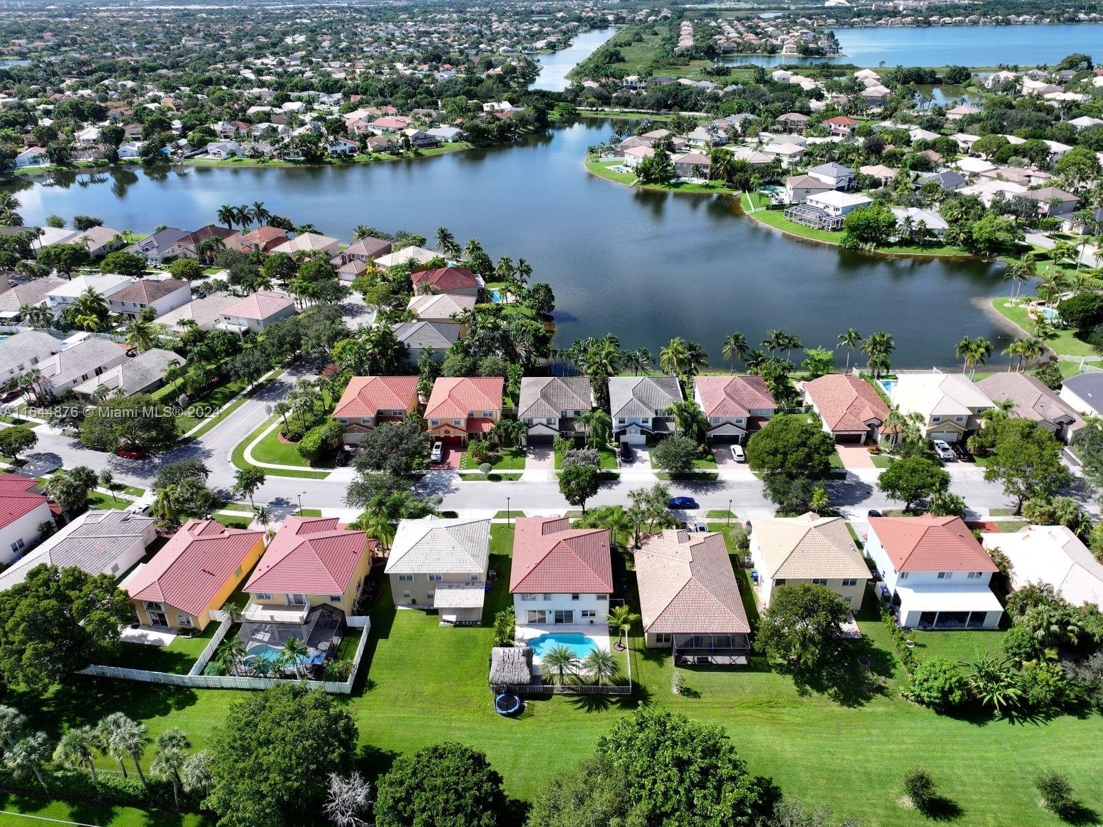 an aerial view of lake and houses with outdoor space