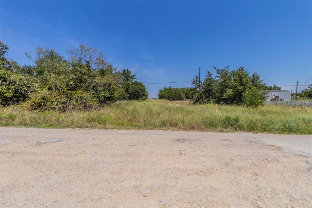 a view of dirt field with trees in background