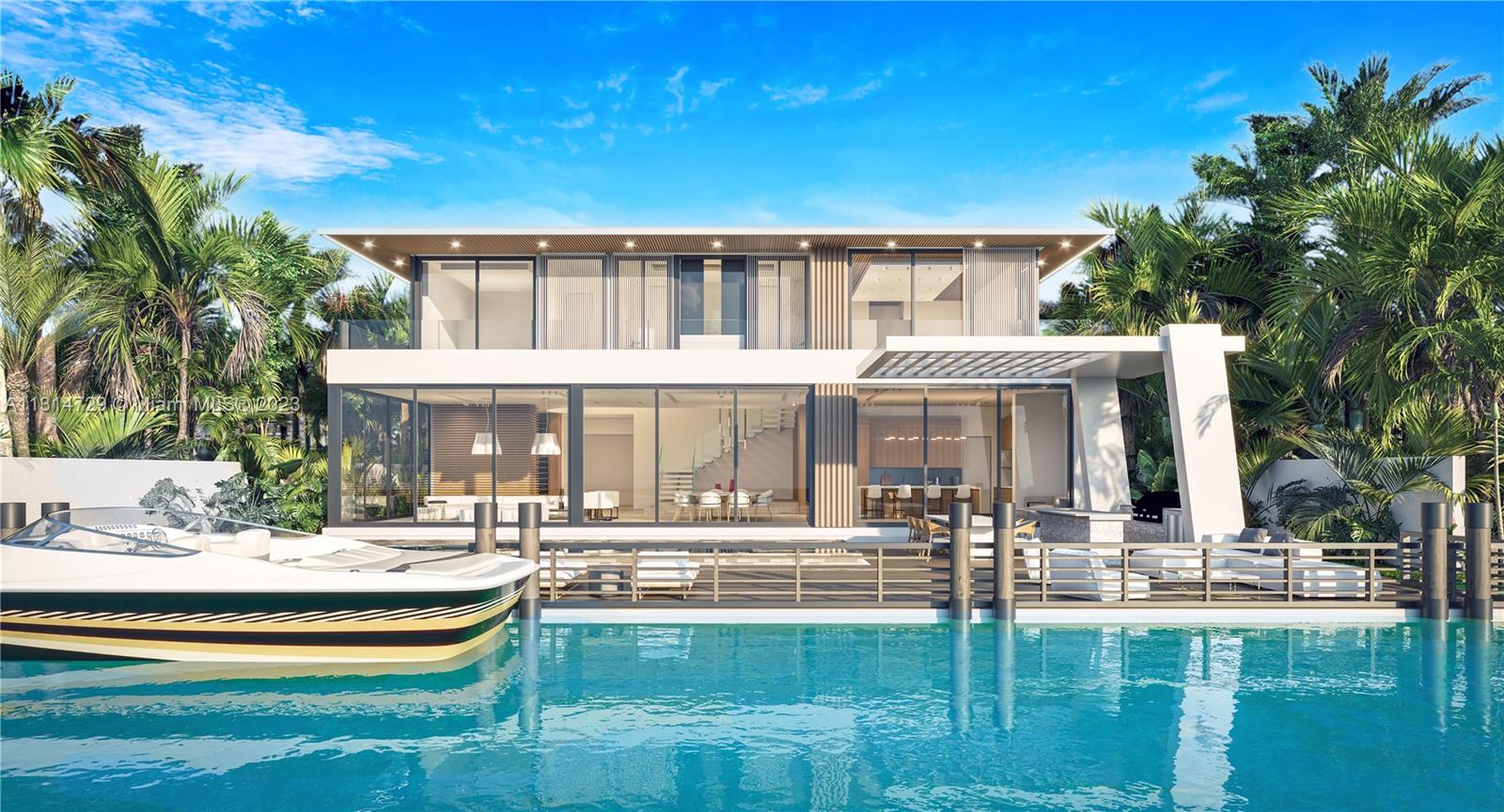 a front view of a house with swimming pool and glass table and chairs