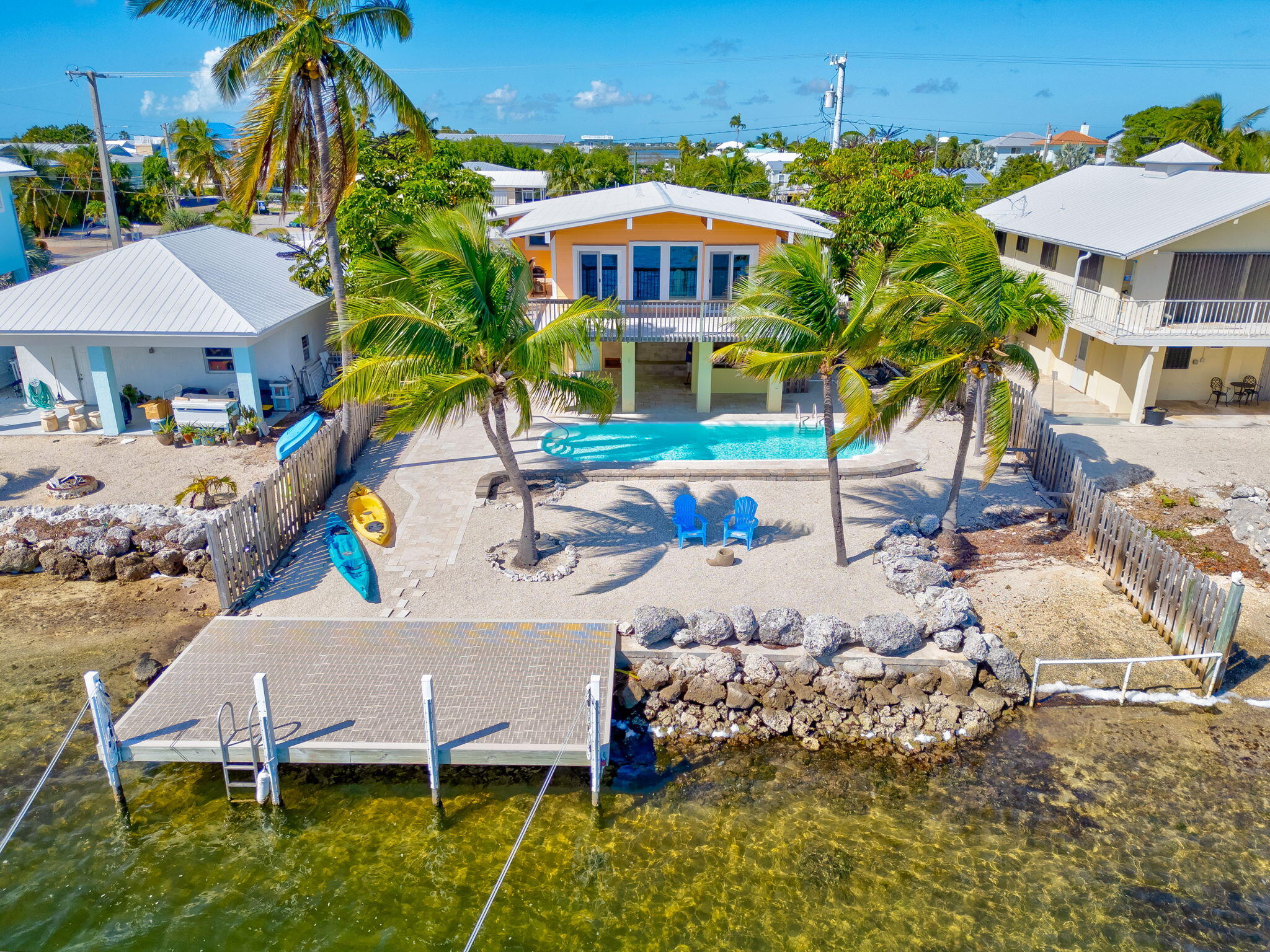 an aerial view of a house with swimming pool garden and patio