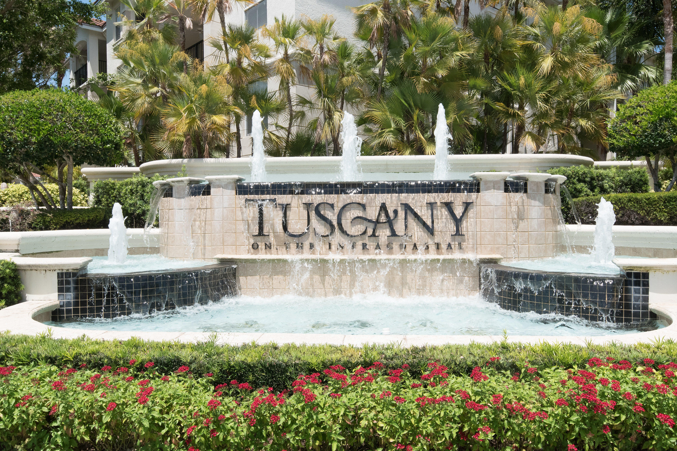 a view of outdoor space with fountain and flowers