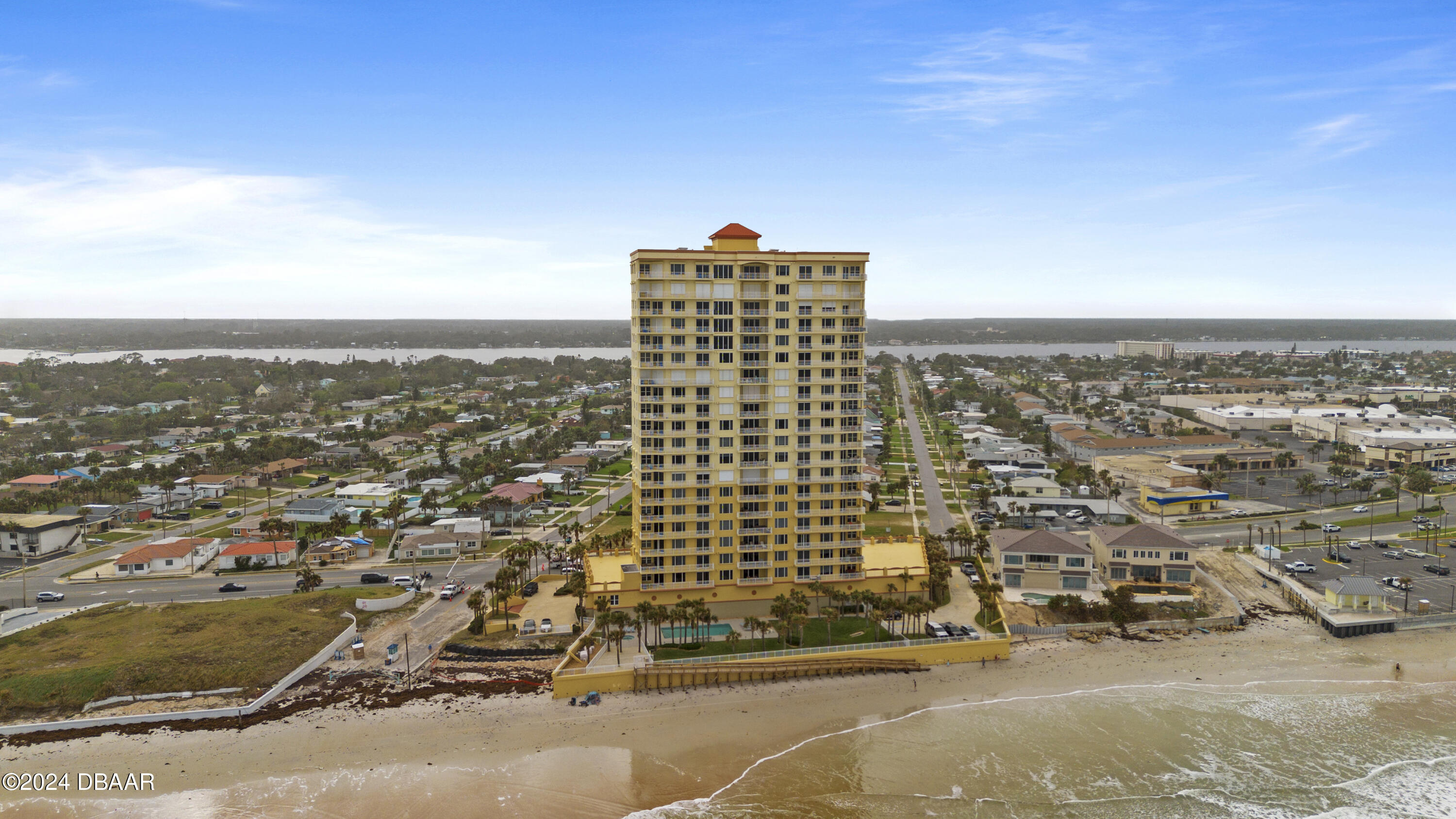 an aerial view of multiple building