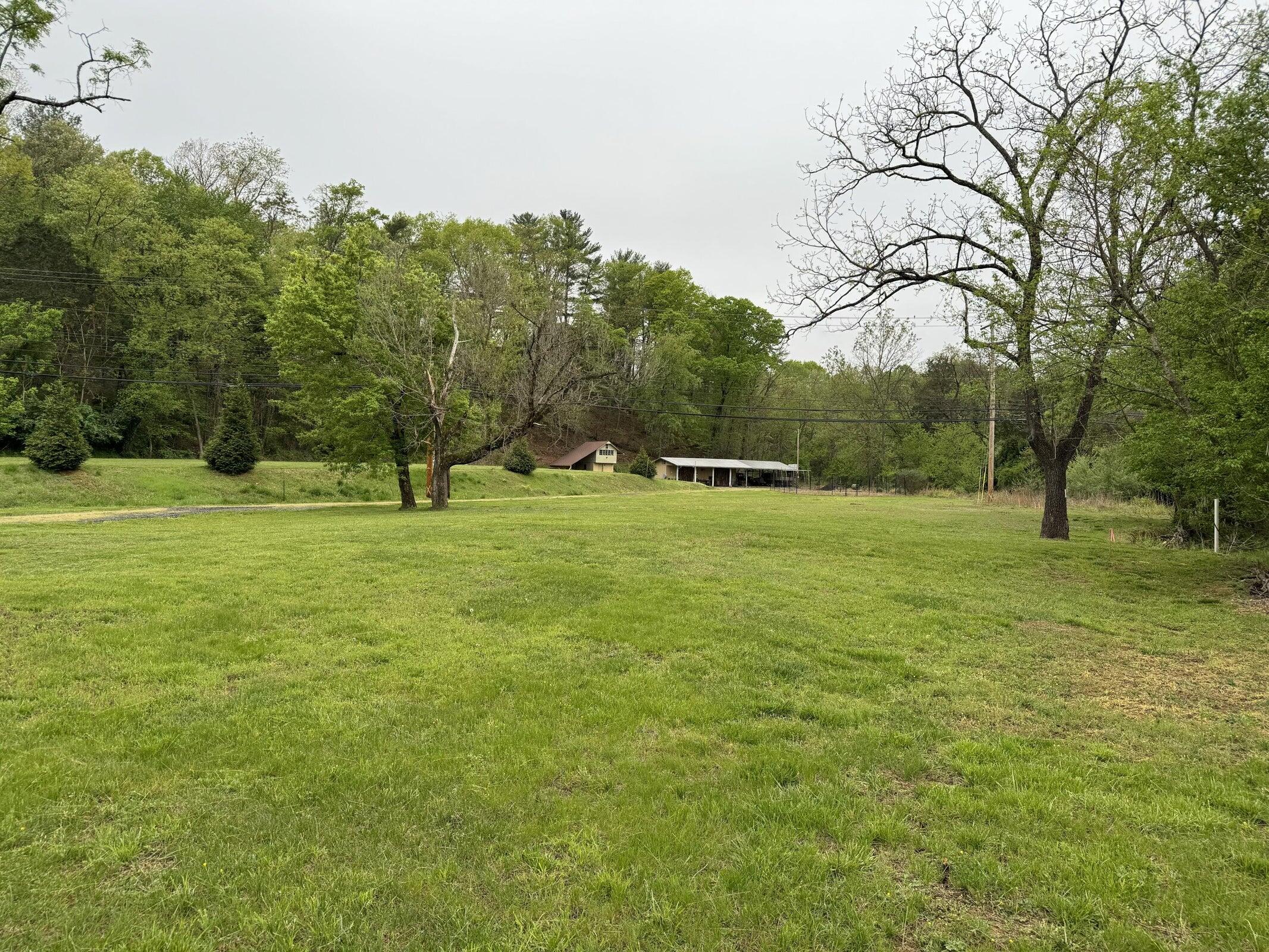 a view of a green field with trees