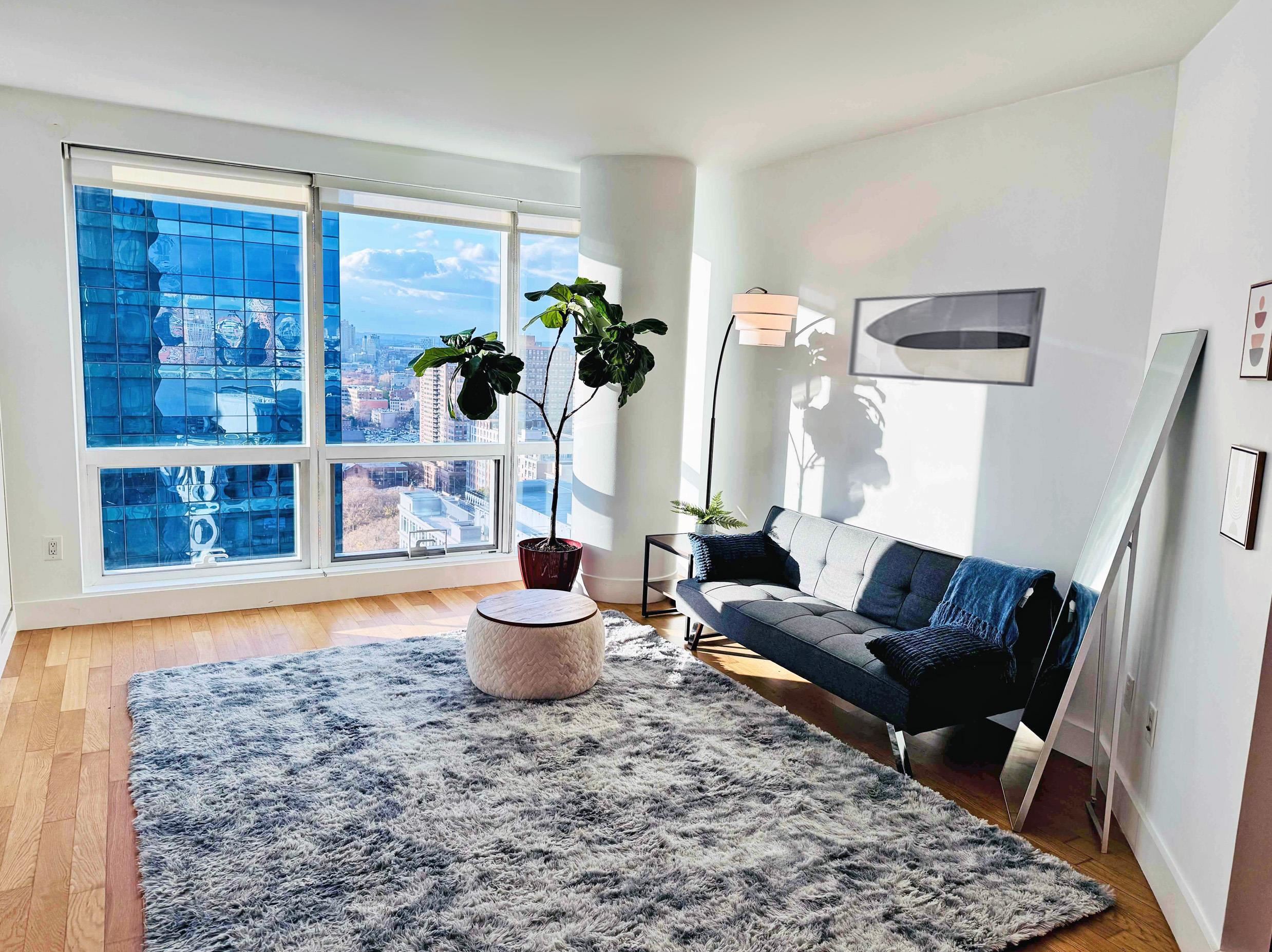 a living room with furniture and a potted plant