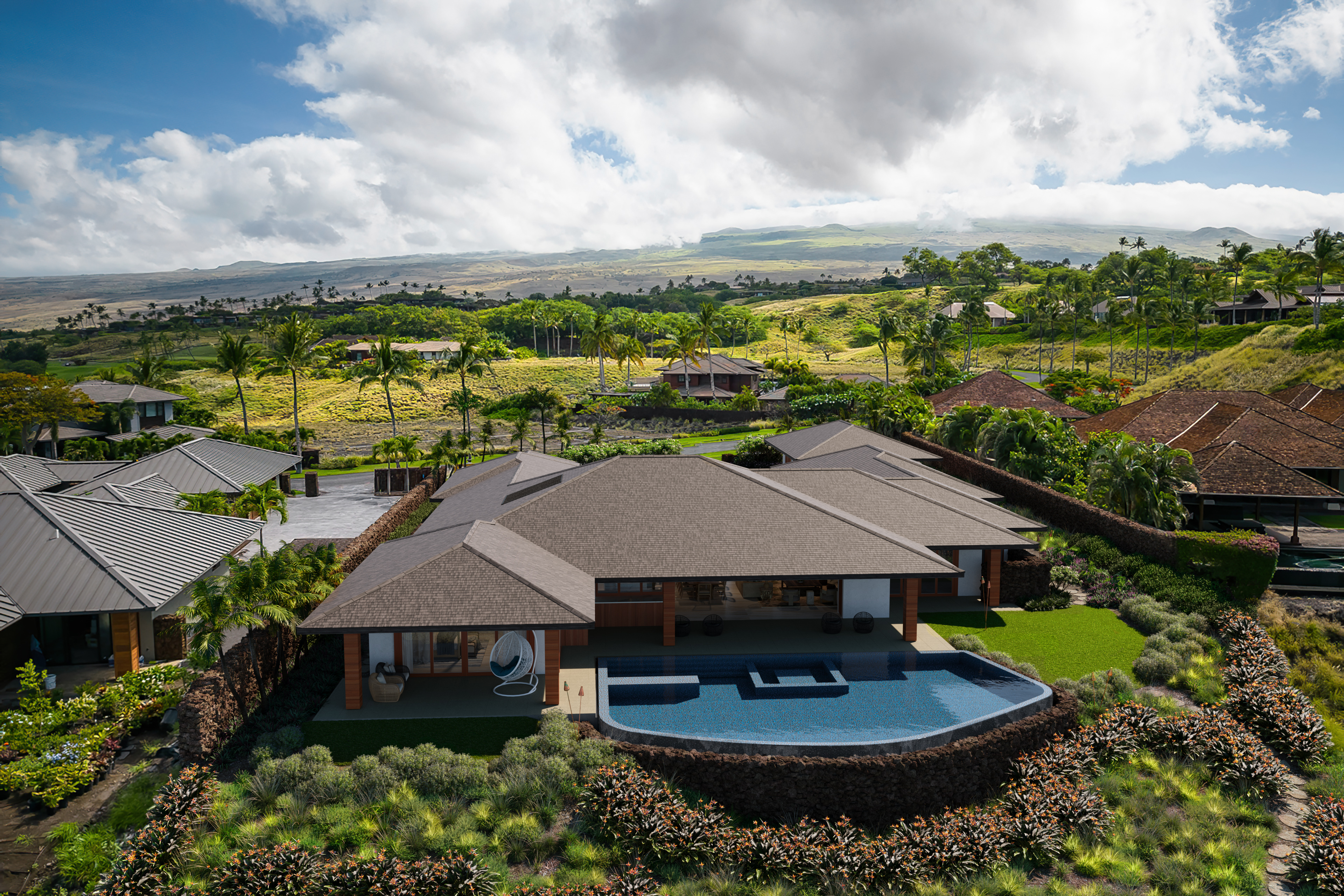 an aerial view of a house with garden space and street view