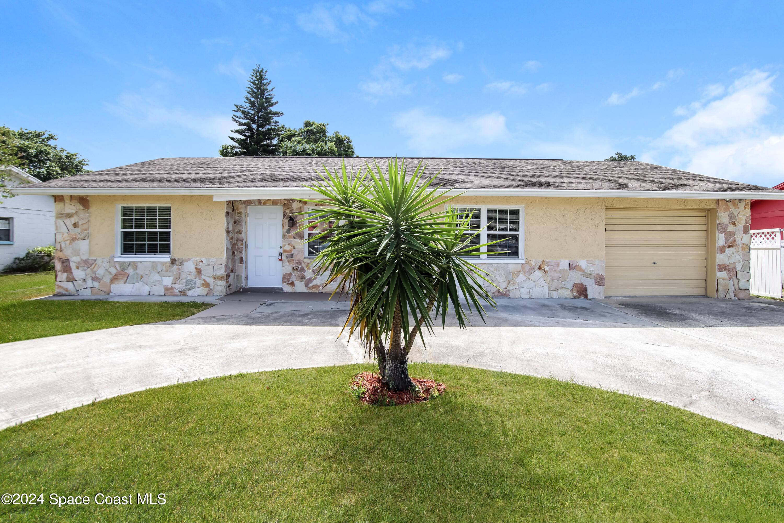 a palm tree sitting in front of a house with a yard