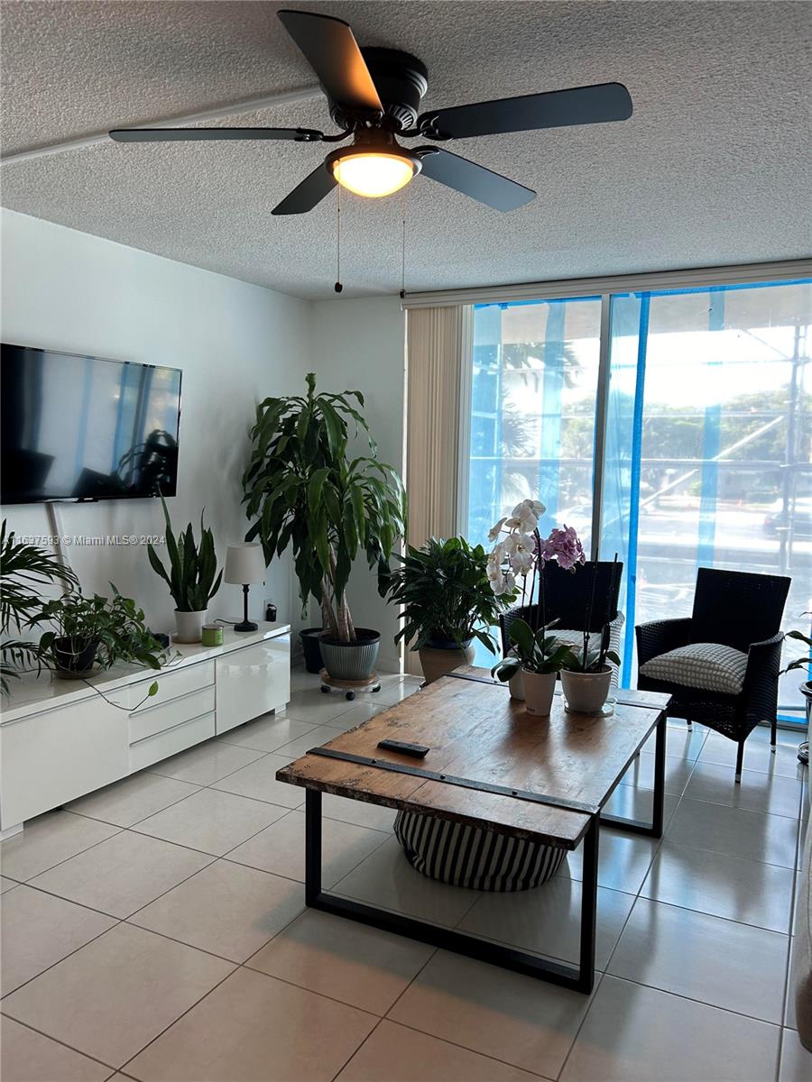 a living room with furniture potted plant and a large window