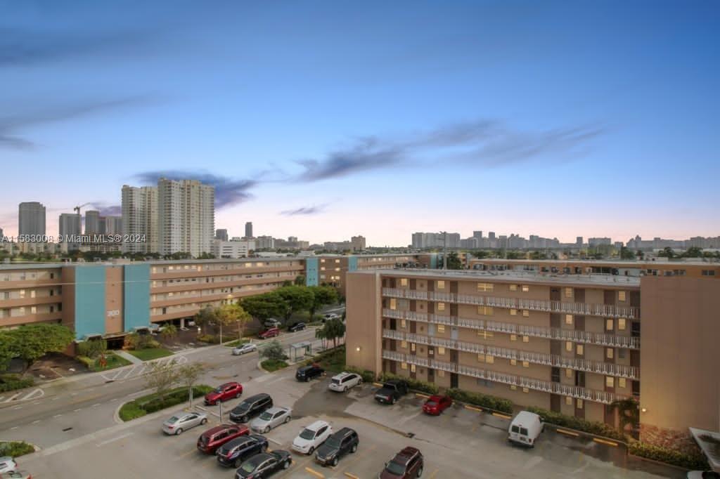 a view of a terrace with city view