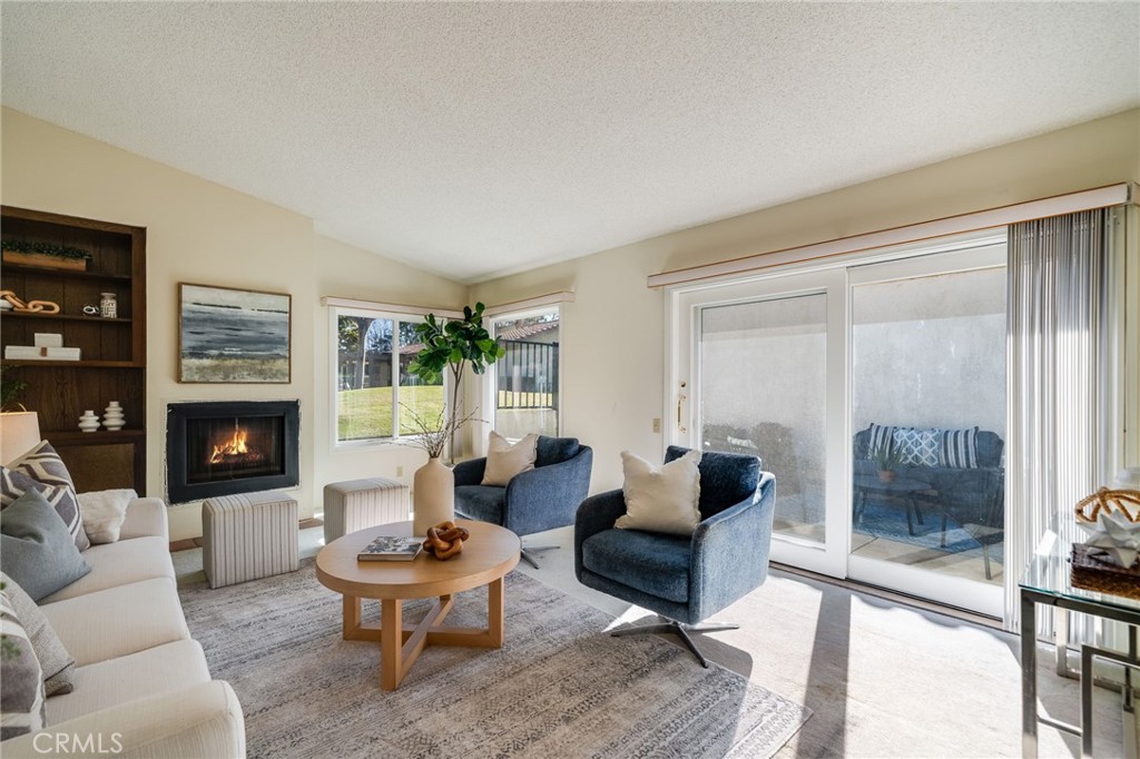 a living room with furniture a fireplace and a floor to ceiling window