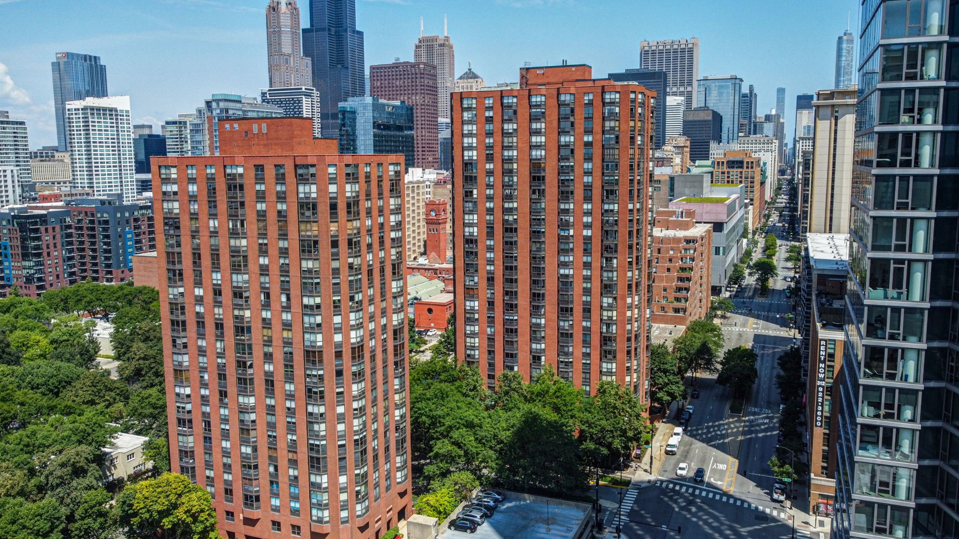 a city view with tall buildings