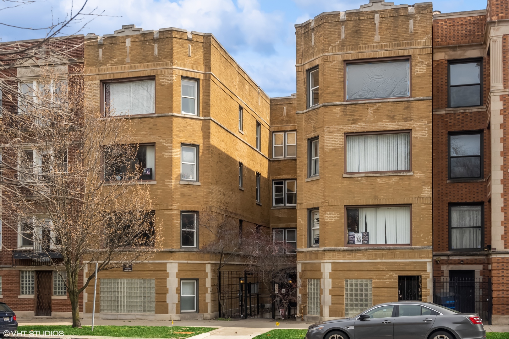 a front view of a multi story building