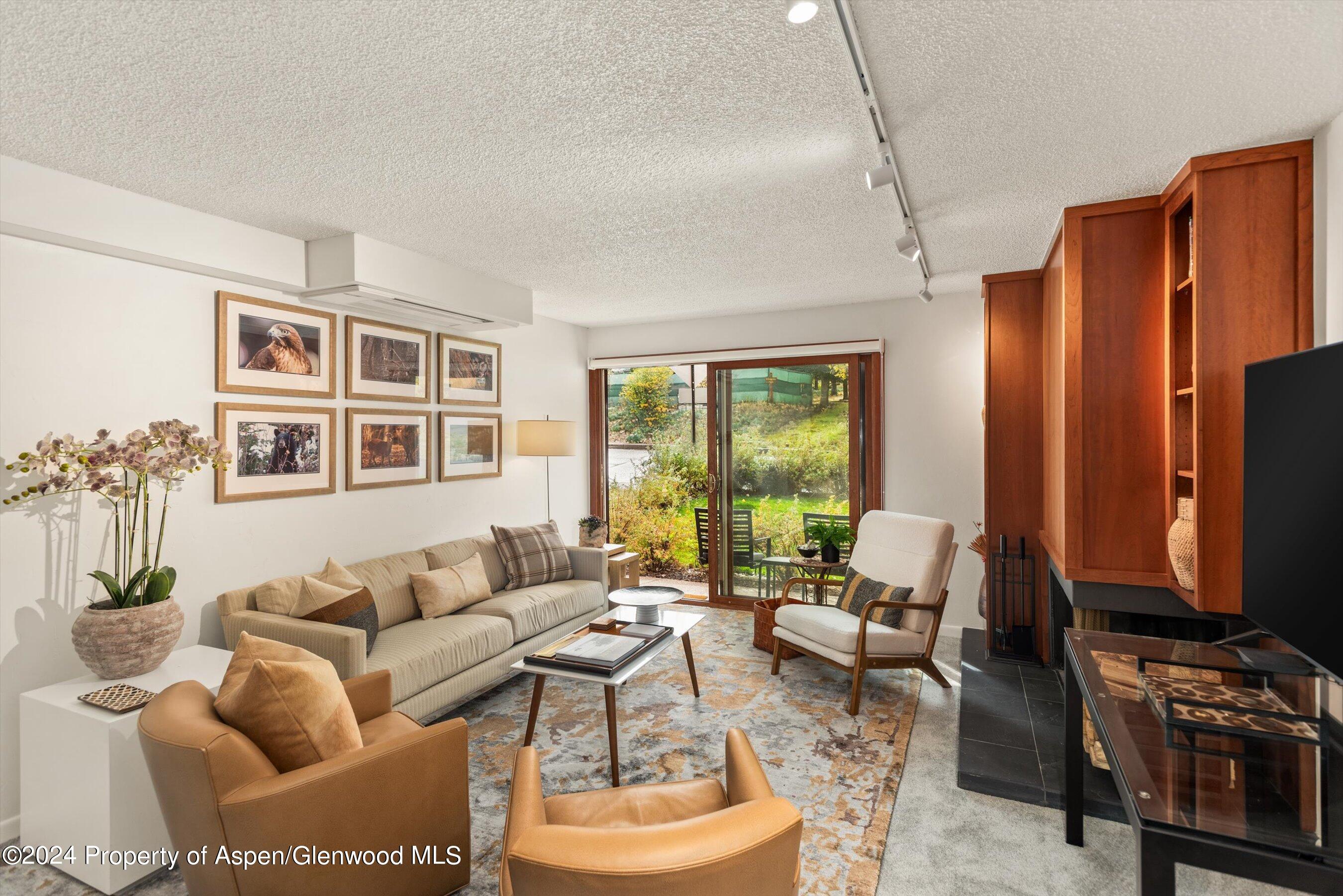 a living room with furniture a fireplace and a flat screen tv