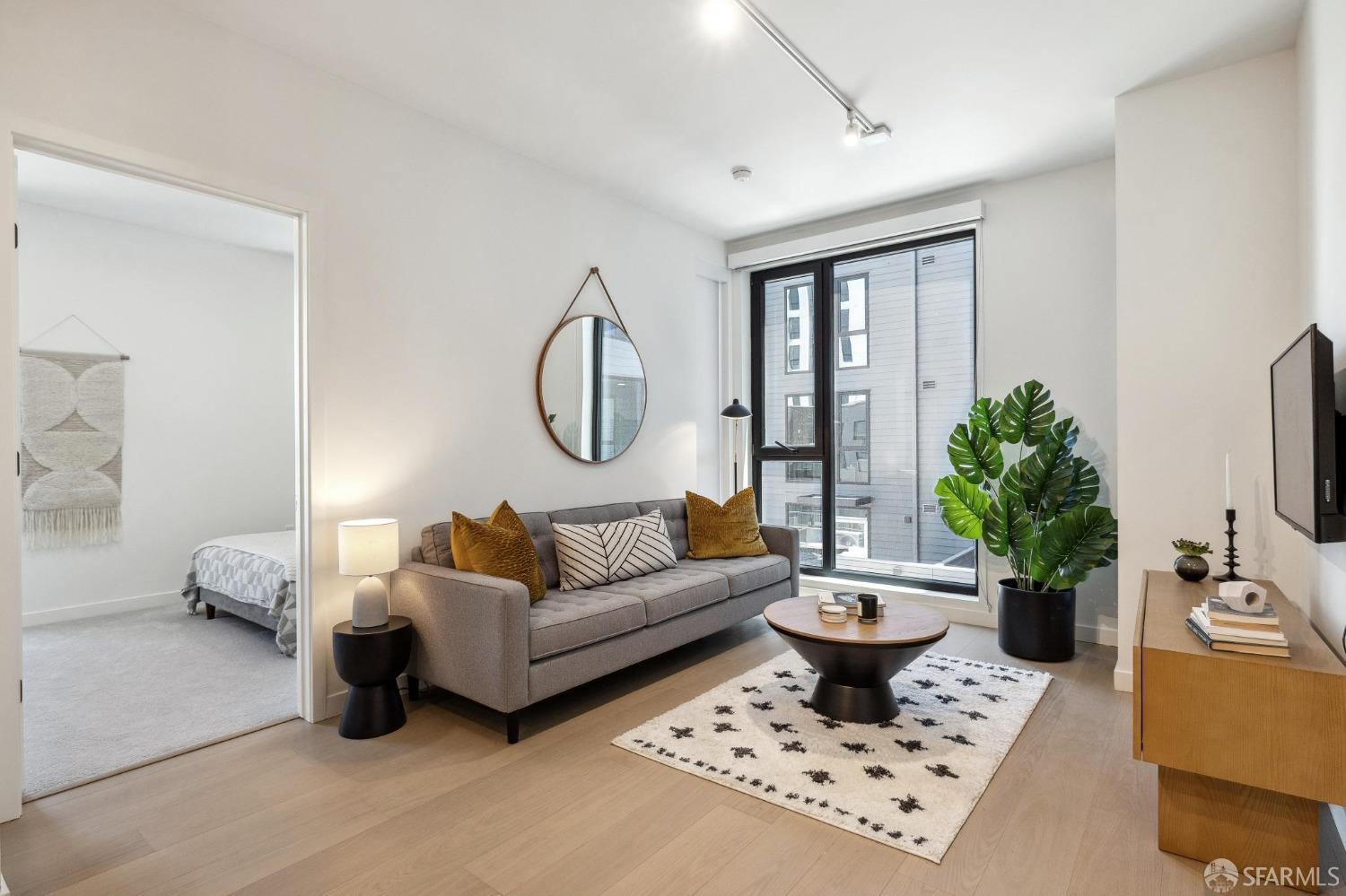 a living room with furniture a rug a lamp and a potted plant