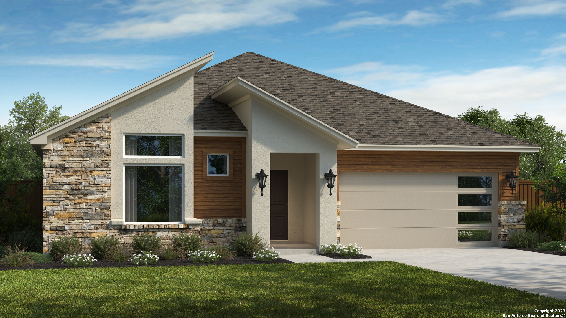 a front view of a house with a garden