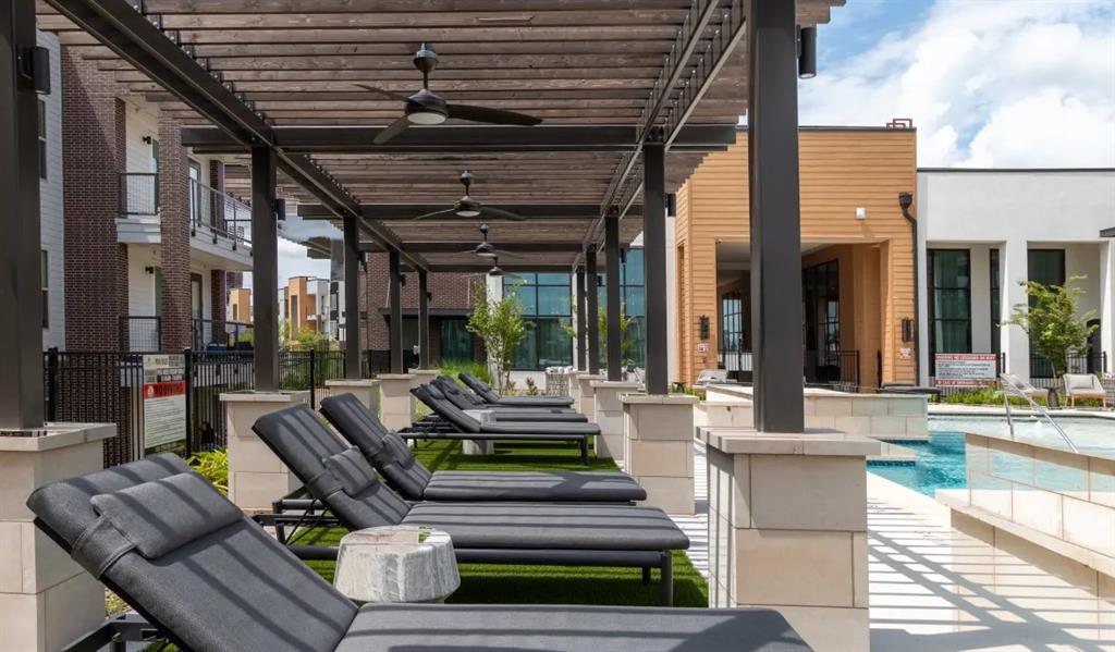 a building outdoor space with patio furniture