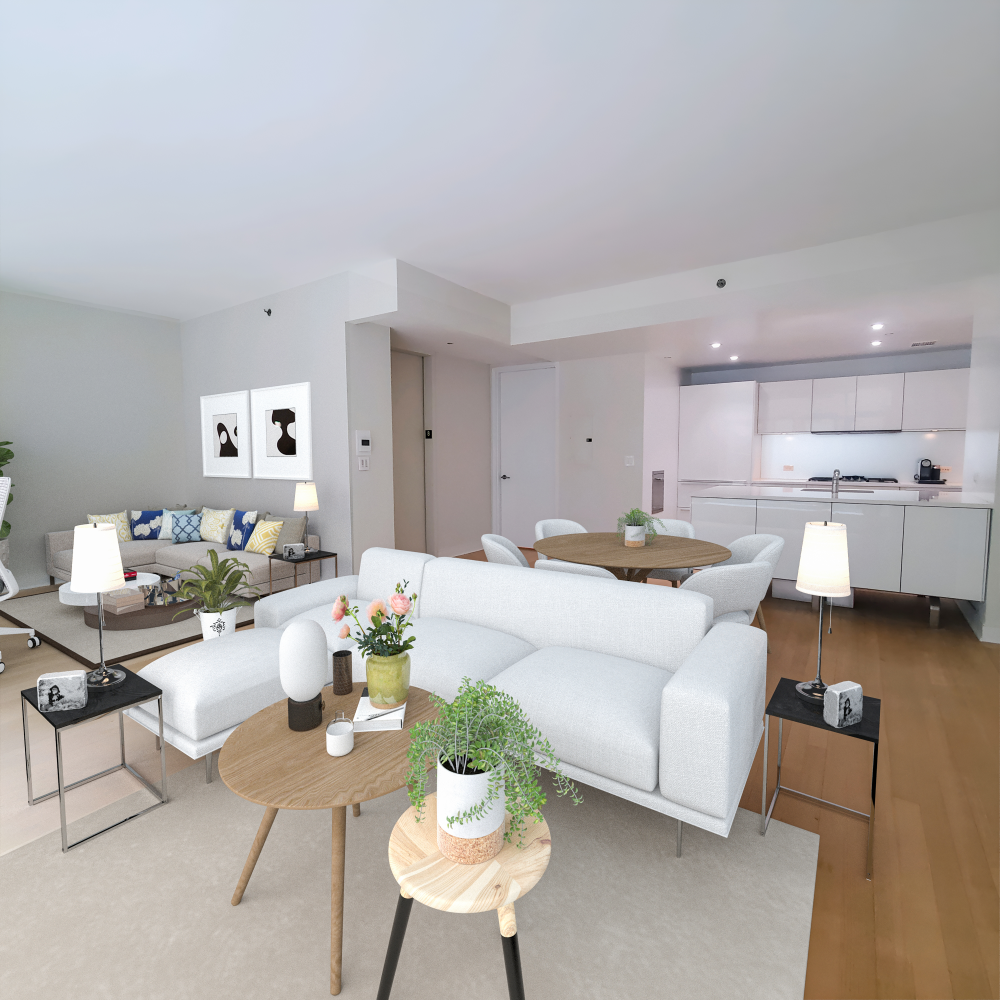 a living room with furniture white and a wooden floor