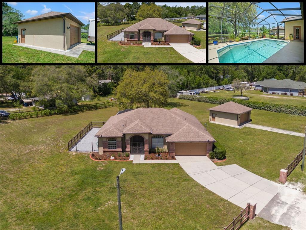 an aerial view of a house with swimming pool and outdoor seating