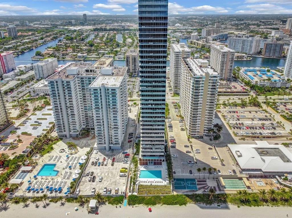 a city view with tall buildings