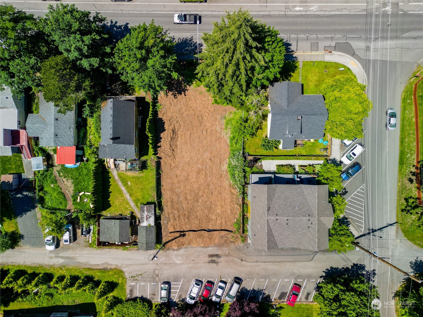 an aerial view of a house with outdoor space