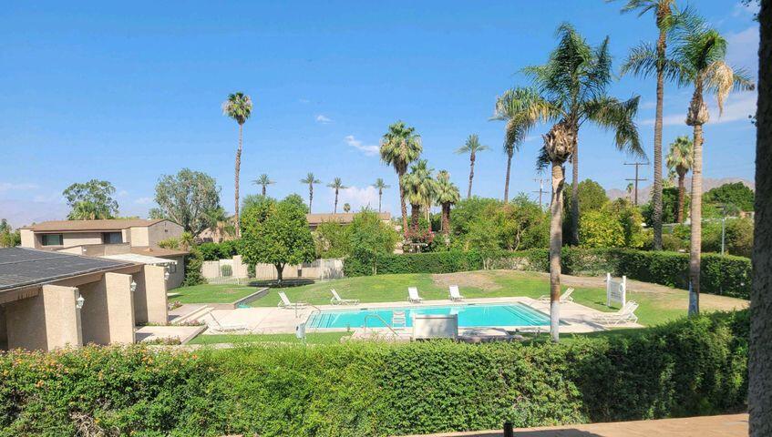 a view of a garden with a fountain