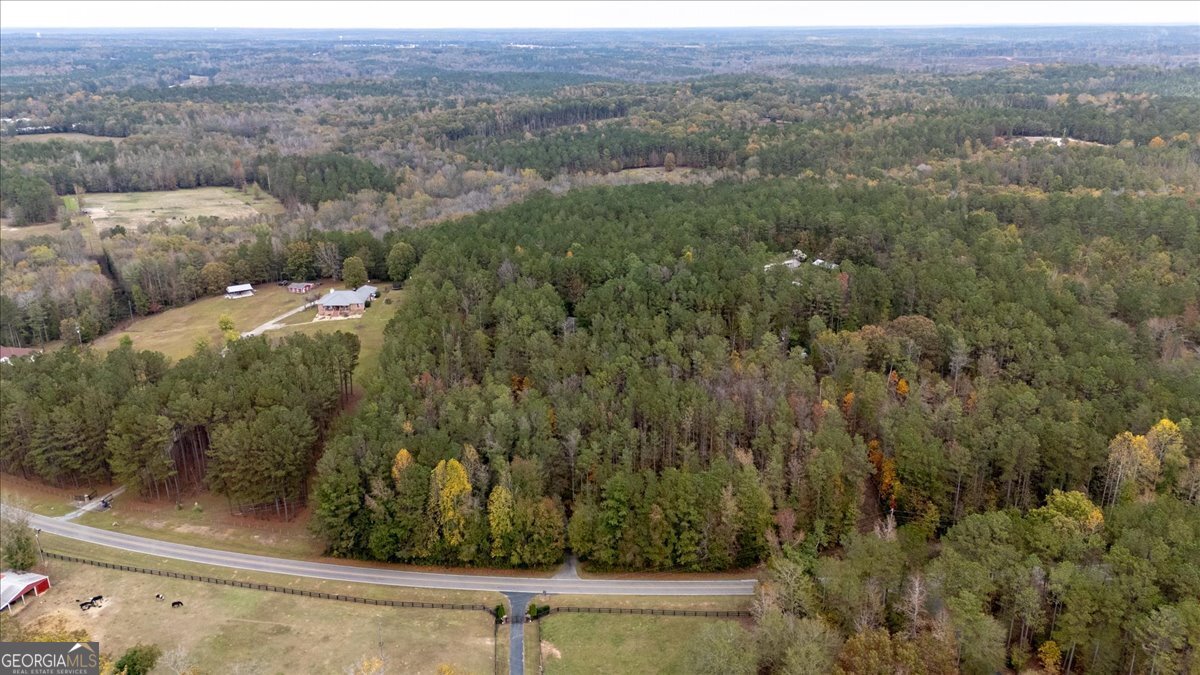 an aerial view of residential houses with outdoor space and trees