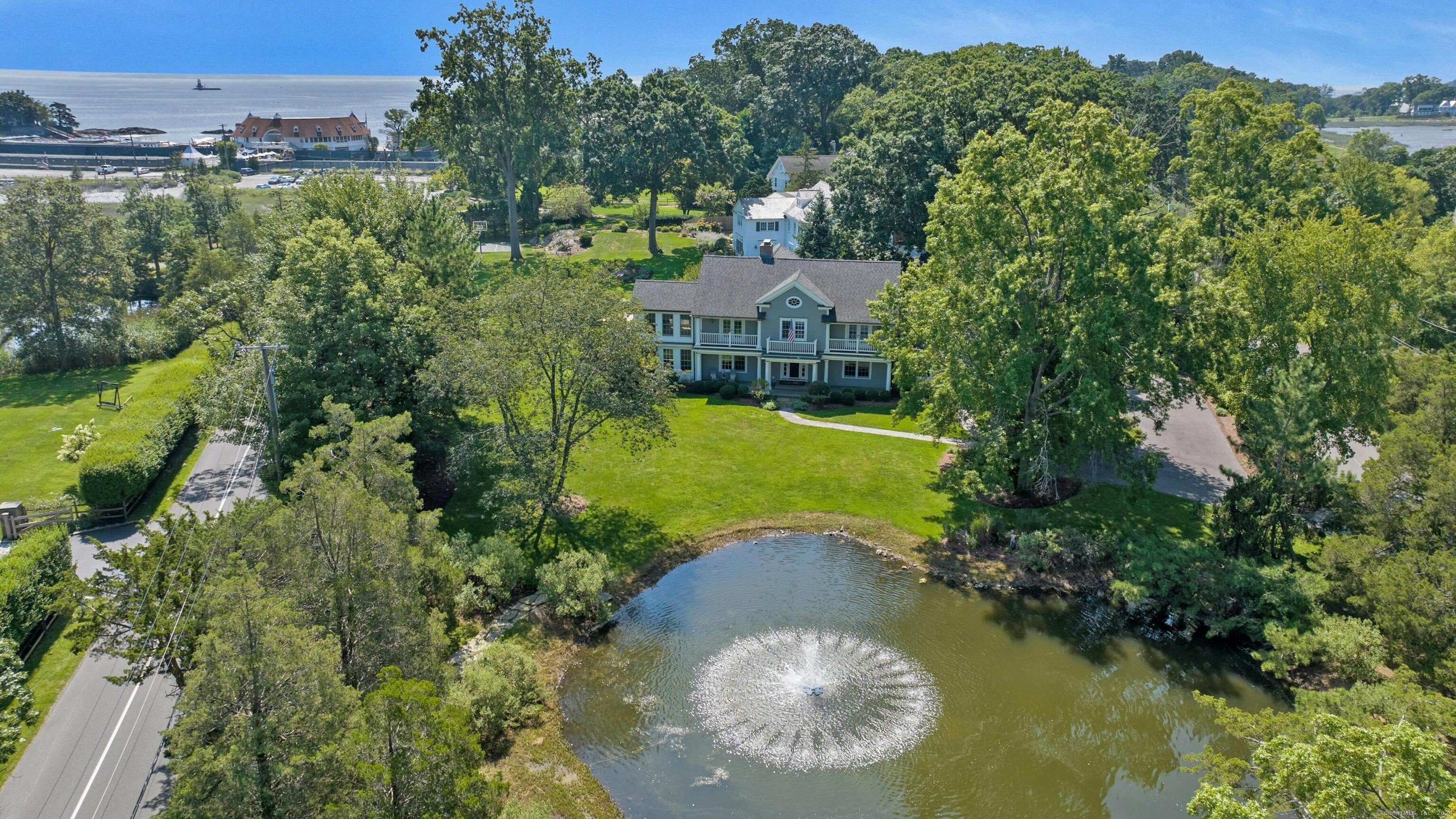 Aerial view of pond and Long Island Sound