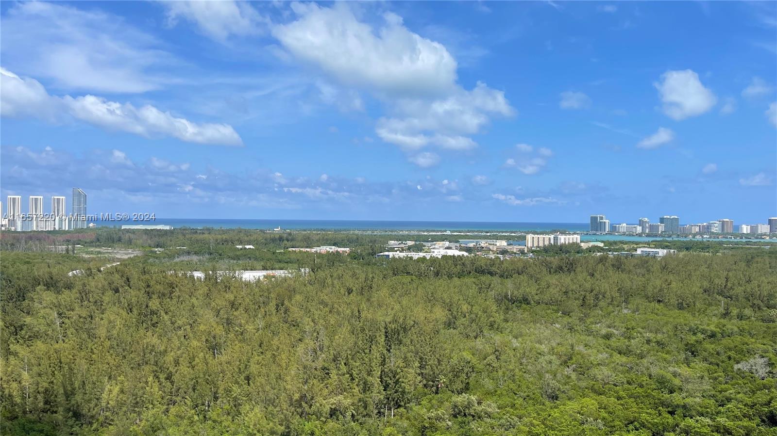 a view of a city with lush green forest