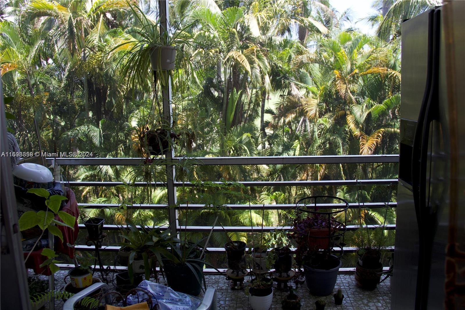 a view of a balcony with many potted plants