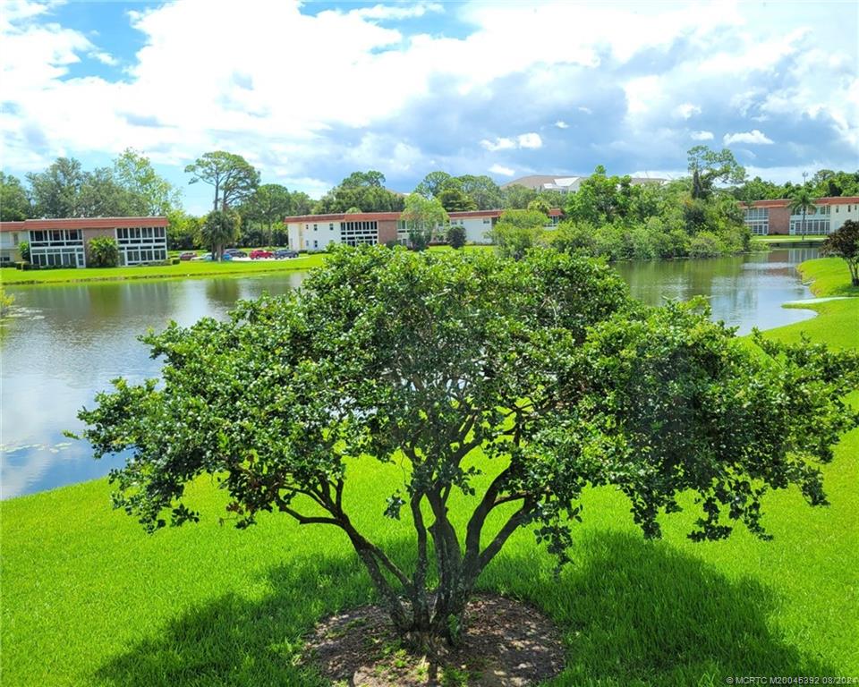 a view of a lake with a building in the background