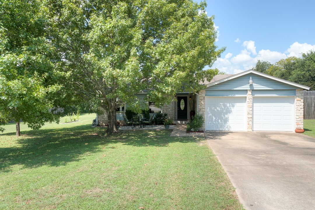 a view of a house with a yard and large tree