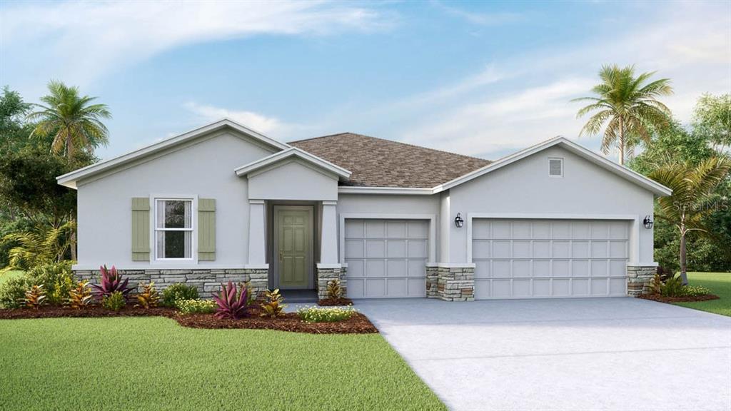 a front view of house with a yard and garage