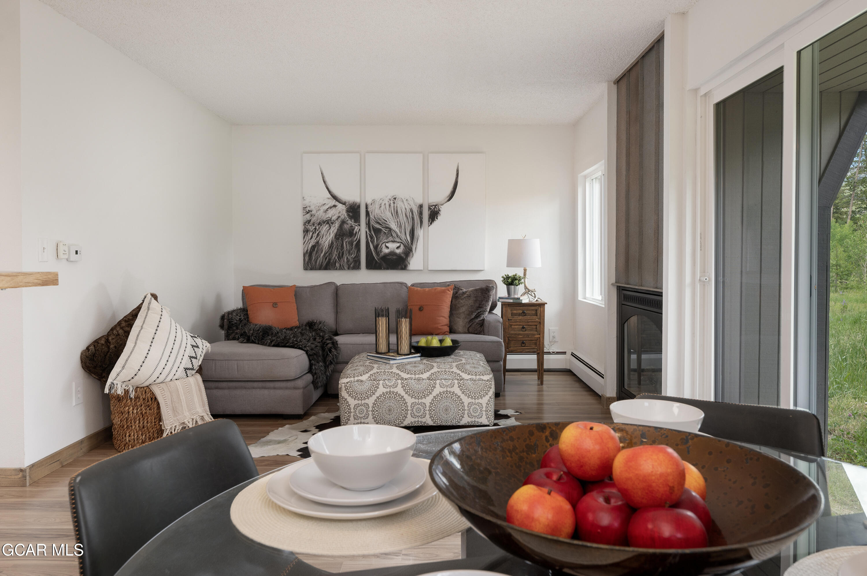 a living room with furniture and a fireplace