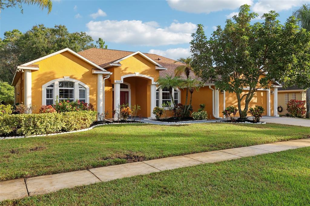 a front view of house with yard and green space