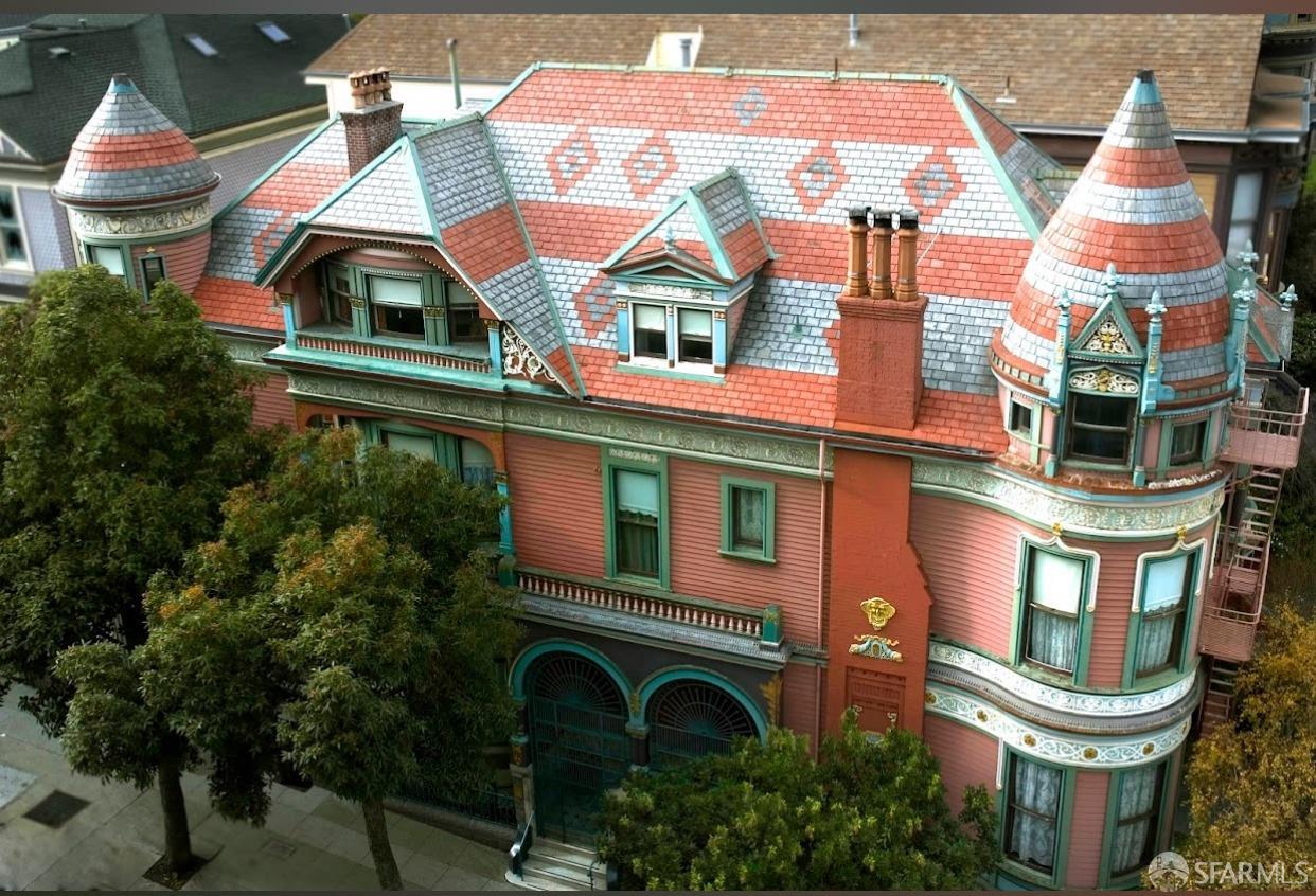 Aerial view of  Chateau Tivoli's slate roof pattern and turrets.