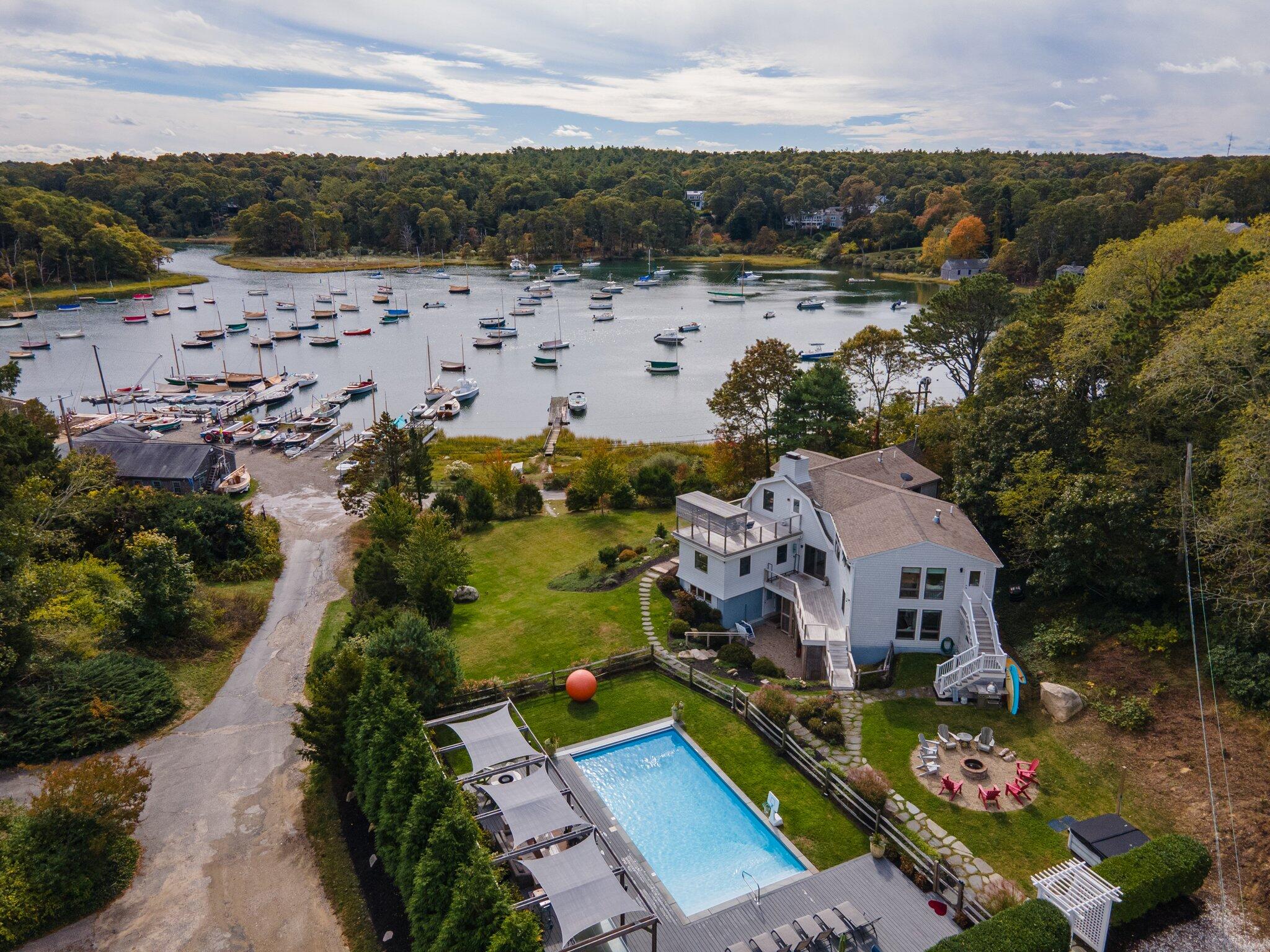 an aerial view of a house with a garden