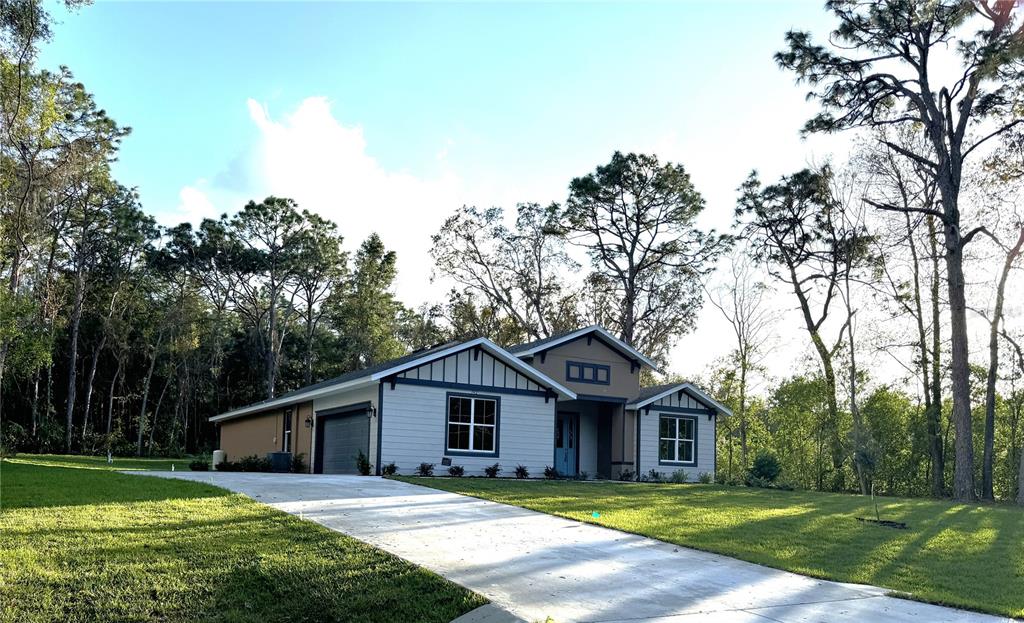 a front view of a house with yard and green space