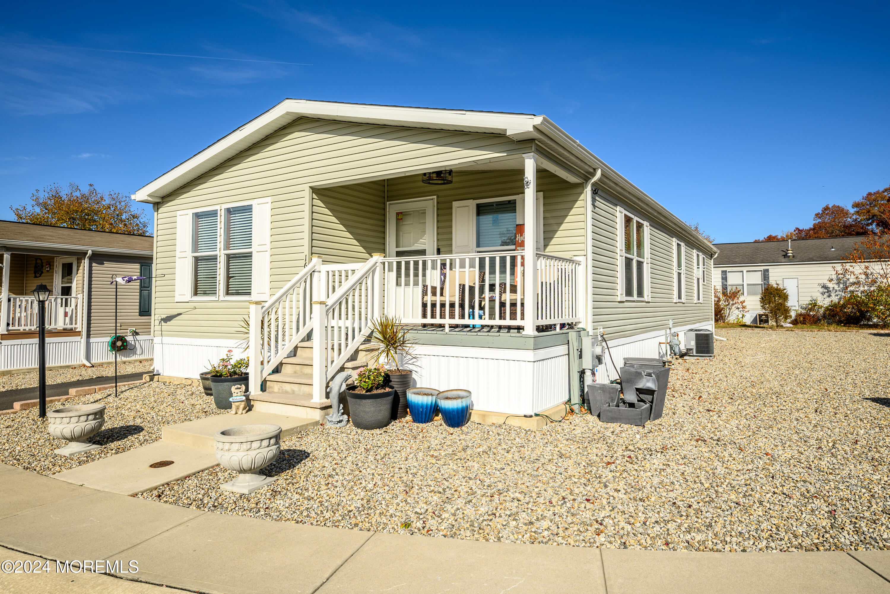 a front view of a house with a patio