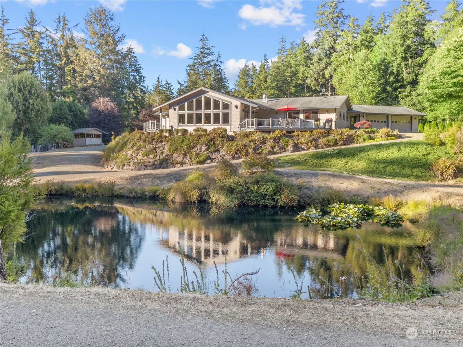 a view of a lake with a house