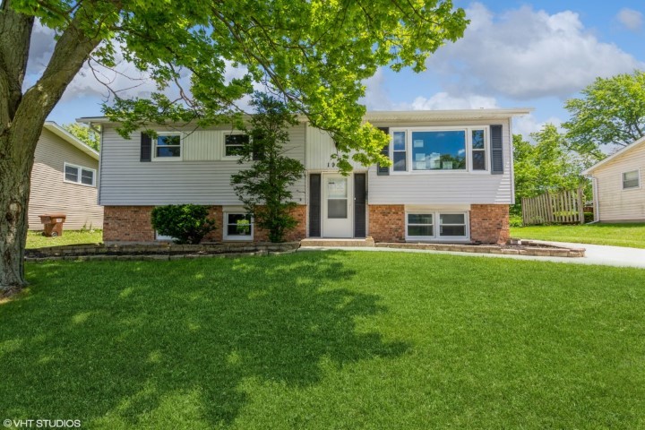 a view of a house with backyard and a tree