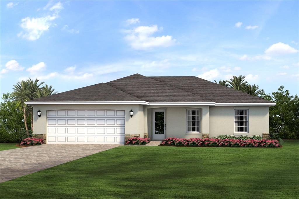 a front view of a house with garden and yard