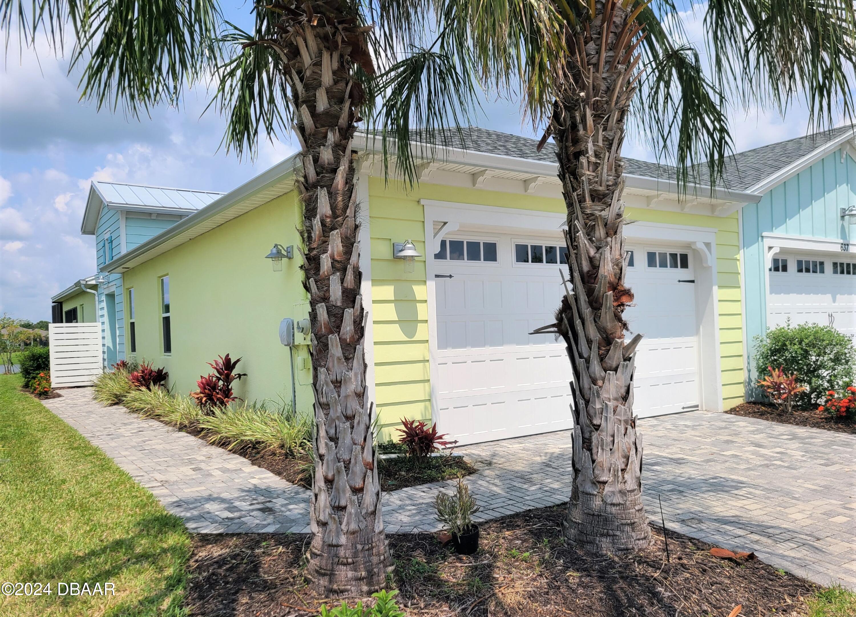 a palm tree sitting in front of a house with a big yard