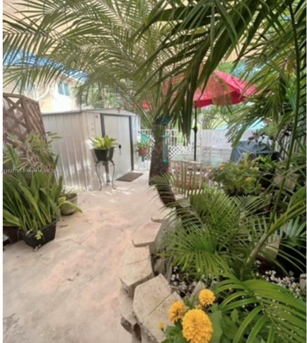 a view of a backyard with plants and a patio