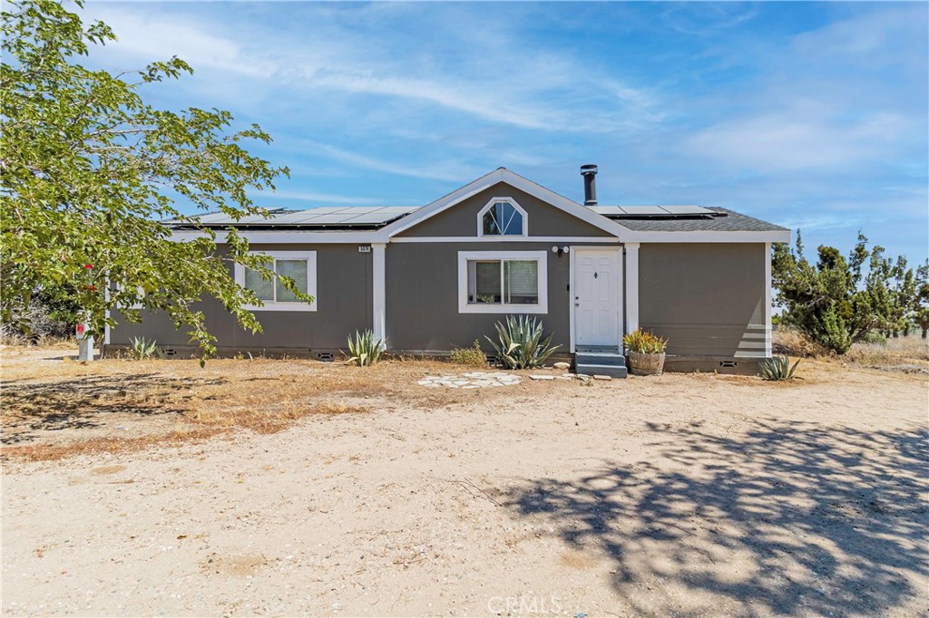 a front view of a house with a dirt yard and a large tree