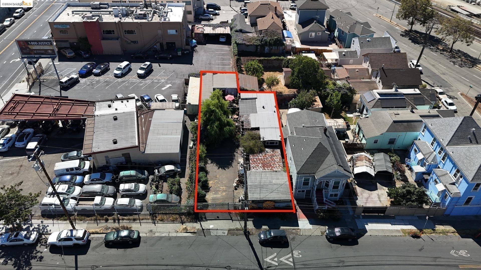 an aerial view of a building with street view