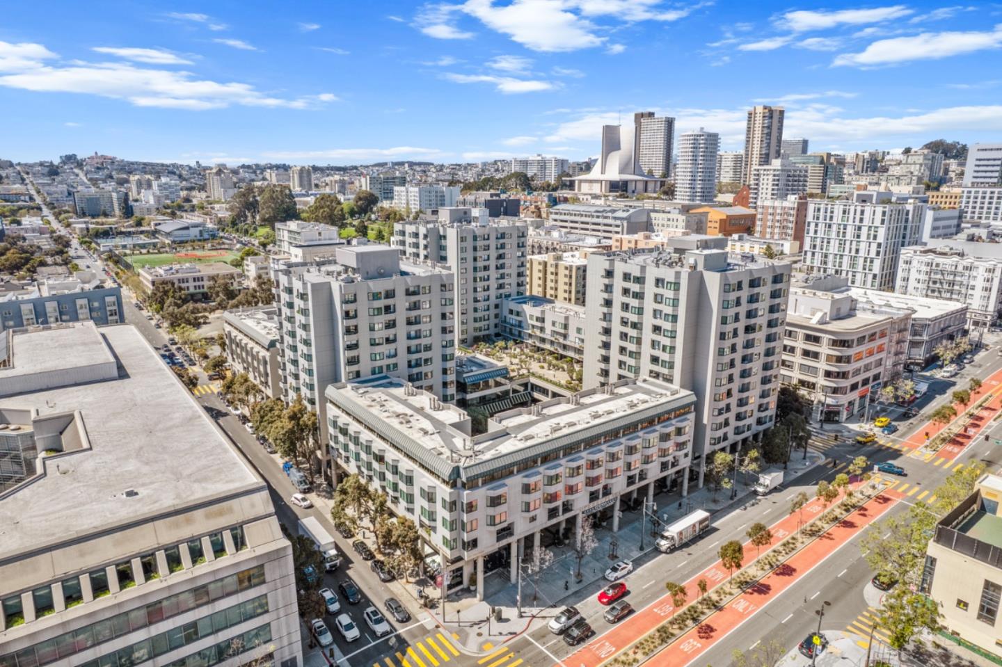 a city view with tall buildings